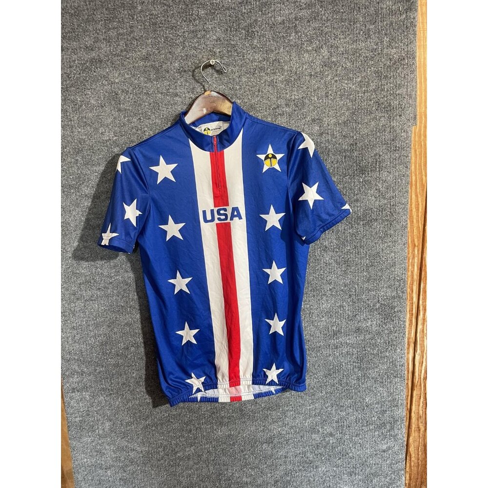 Giessegi Cycling Jersey Mens 4 Blue USA Flag 1/4 Zip Short Sleeve Pockets Bike